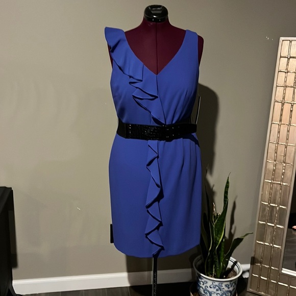NWT TAHARI Royal Blue Sleeveless Dress With Ruffle  down Front and Belt … - Picture 1 of 13